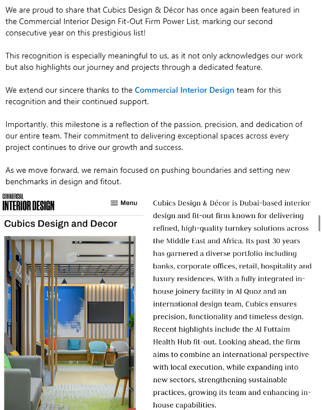 2026 Cubics: Commercial Interior Design in Dubai